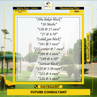 10 Marla Residential Plot for Sale in Sector G - Abubakar Block -  Bahria Town, Lahore - (BP-234728)