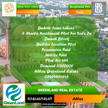 5 Marla Residential Plot for Sale in Sector E - Jinnah Block -  Bahria Town, Lahore - (BP-235058)