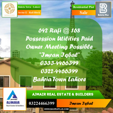 10 Marla Residential Plot for Sale in Sector E - Rafi Block -  Bahria Town, Lahore - (BP-235151)