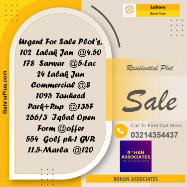 Residential Plot for Sale in Bahria Town, Lahore - (BP-235424)