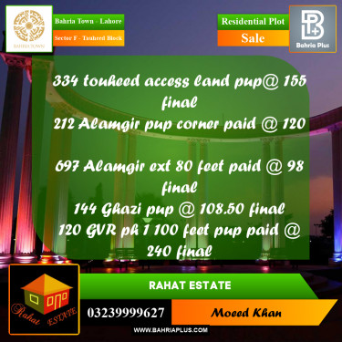 10 Marla Residential Plot for Sale in Sector F - Tauheed Block -  Bahria Town, Lahore - (BP-235740)