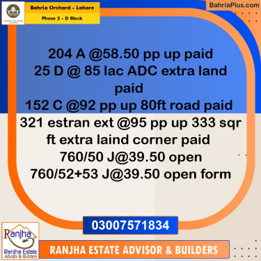 8 Marla Residential Plot for Sale in Phase 2 - D Block -  Bahria Orchard, Lahore - (BP-235924)