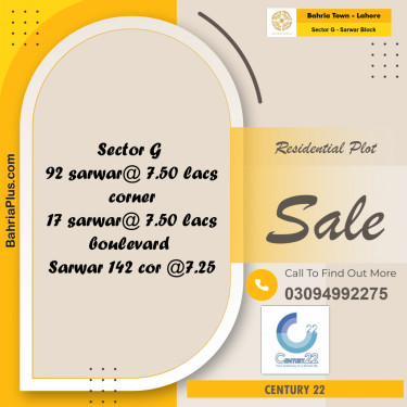 5 Marla Residential Plot for Sale in Sector G - Sarwar Block -  Bahria Town, Lahore - (BP-236001)