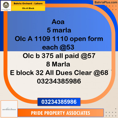 5 Marla Residential Plot for Sale in OLC-A Block -  Bahria Orchard, Lahore - (BP-236272)