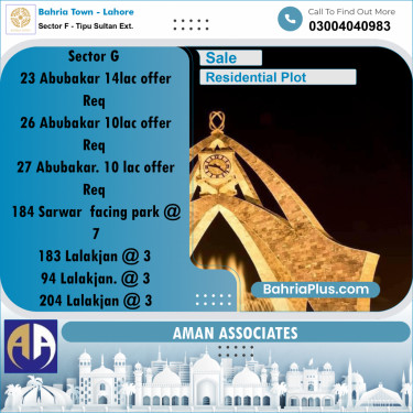 Residential Plot for Sale in Sector F - Tipu Sultan Ext. -  Bahria Town, Lahore - (BP-236394)