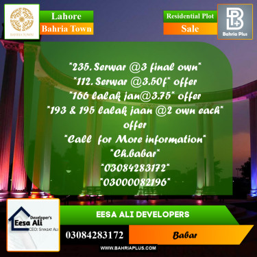 Residential Plot for Sale in Bahria Town, Lahore - (BP-236463)