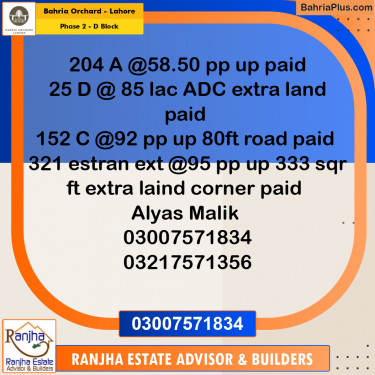 8 Marla Residential Plot for Sale in Phase 2 - D Block -  Bahria Orchard, Lahore - (BP-236629)