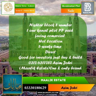 1 Kanal Residential Plot for Sale in Sector E - Nishtar Block -  Bahria Town, Lahore - (BP-236678)