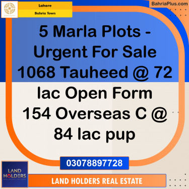 5 Marla Residential Plot for Sale in Bahria Town, Lahore - (BP-236839)
