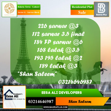 Residential Plot for Sale in Sector G - Sarwar Block -  Bahria Town, Lahore - (BP-236851)