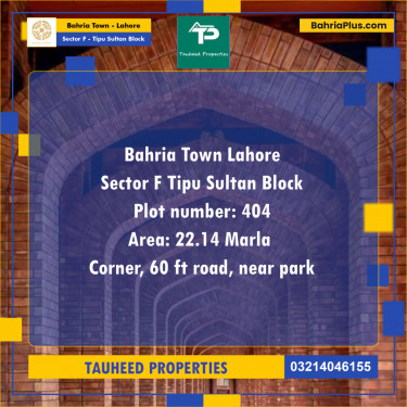 22 Marla Residential Plot for Sale in Sector F - Tipu Sultan Block -  Bahria Town, Lahore - (BP-236986)