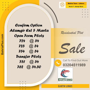 5 Marla Residential Plot for Sale in Sector F - Alamgir Block -  Bahria Town, Lahore - (BP-237011)