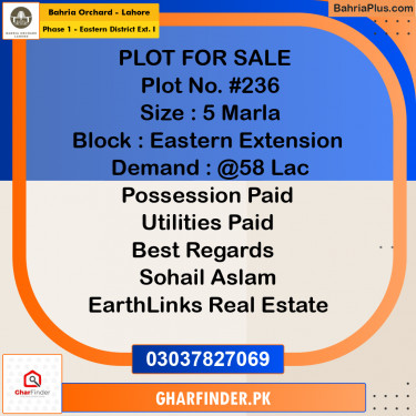 5 Marla Residential Plot for Sale in Phase 1 - Eastern District Ext. I -  Bahria Orchard, Lahore - (BP-237041)