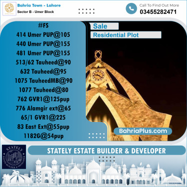 Residential Plot for Sale in Sector B - Umer Block -  Bahria Town, Lahore - (BP-237114)