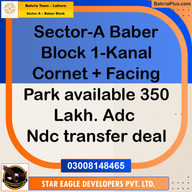 1 Kanal Residential Plot for Sale in Sector A - Babar Block -  Bahria Town, Lahore - (BP-237282)