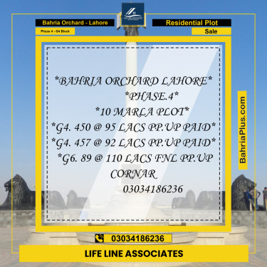 10 Marla Residential Plot for Sale in Phase 4 - G4 Block -  Bahria Orchard, Lahore - (BP-237578)