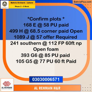 5 Marla Residential Plot for Sale in Phase 2 - E Block -  Bahria Orchard, Lahore - (BP-237595)