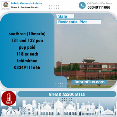 10 Marla Residential Plot for Sale in Phase 1 - Southern District -  Bahria Orchard, Lahore - (BP-237617)