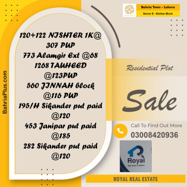 20 Marla Residential Plot for Sale in Sector E - Nishtar Block -  Bahria Town, Lahore - (BP-238511)