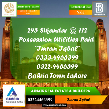 10 Marla Residential Plot for Sale in Sector F - Sikander Block -  Bahria Town, Lahore - (BP-238574)