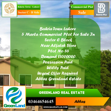 5 Marla Commercial Plot for Sale in Sector C - B Side -  Bahria Town, Lahore - (BP-238615)