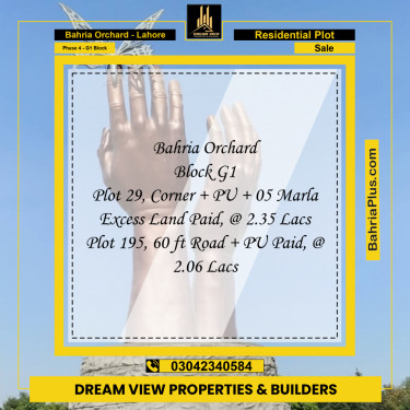 1 Kanal Residential Plot for Sale in Phase 4 - G1 Block -  Bahria Orchard, Lahore - (BP-238721)
