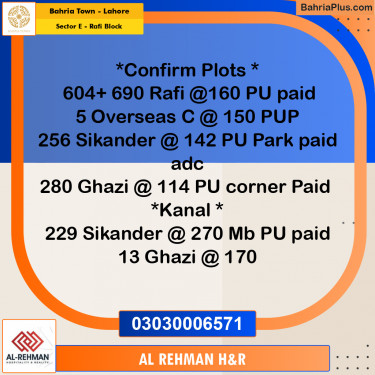 10 Marla Residential Plot for Sale in Sector E - Rafi Block -  Bahria Town, Lahore - (BP-238839)