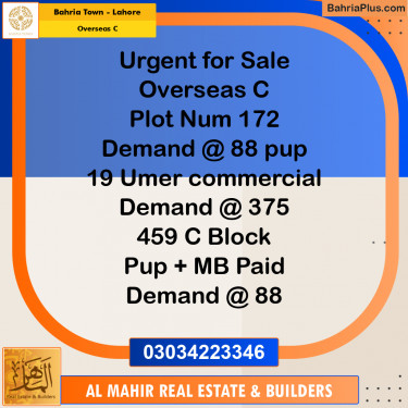 Residential Plot for Sale in Overseas C -  Bahria Town, Lahore - (BP-238896)