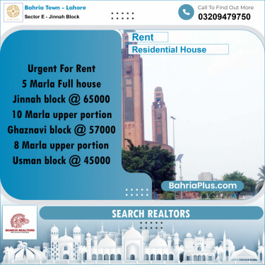 5 Marla Residential House for Rent in Sector E - Jinnah Block -  Bahria Town, Lahore - (BP-239174)