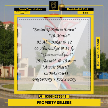 10 Marla Residential Plot for Sale in Sector G - Abubakar Block -  Bahria Town, Lahore - (BP-239284)
