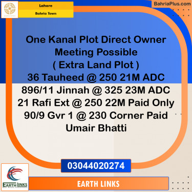 1 Kanal Residential Plot for Sale in Bahria Town, Lahore - (BP-239528)