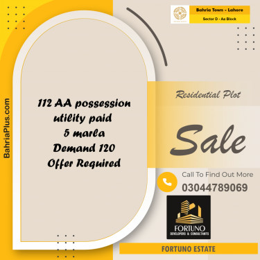 5 Marla Residential Plot for Sale in Sector D - AA Block -  Bahria Town, Lahore - (BP-240062)