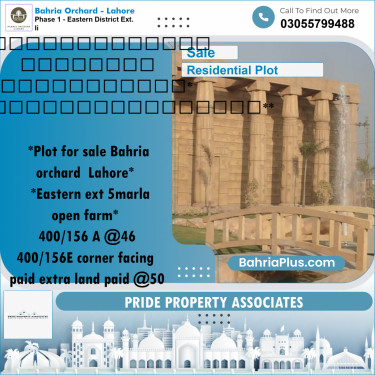 5 Marla Residential Plot for Sale in Phase 1 - Eastern District Ext. II -  Bahria Orchard, Lahore - (BP-240066)