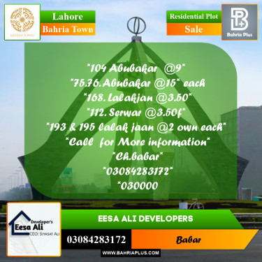 Residential Plot for Sale in Bahria Town, Lahore - (BP-240158)
