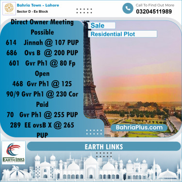 1 Kanal Residential Plot for Sale in Sector D - EE Block -  Bahria Town, Lahore - (BP-240221)