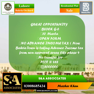 10 Marla Residential Plot for Sale in Bahria Orchard, Lahore - (BP-240510)