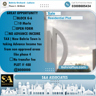 10 Marla Residential Plot for Sale in Phase 4 - G6 Block -  Bahria Orchard, Lahore - (BP-240904)