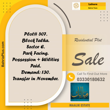 Residential Plot for Sale in Bahria Town, Lahore - (BP-241145)