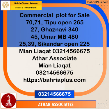 8 Marla Residential Plot for Sale in Sector B - Umer Block -  Bahria Town, Lahore - (BP-241195)