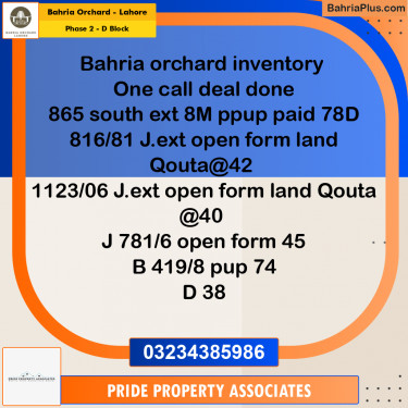 8 Marla Residential Plot for Sale in Phase 2 - D Block -  Bahria Orchard, Lahore - (BP-241196)