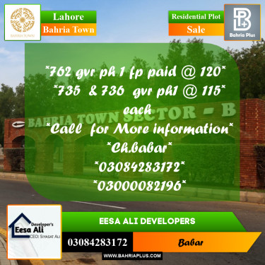 Residential Plot for Sale in Bahria Town, Lahore - (BP-241359)
