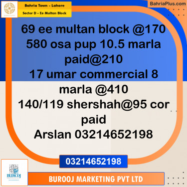 1 Kanal Residential Plot for Sale in Sector D - EE Multan Block -  Bahria Town, Lahore - (BP-241446)