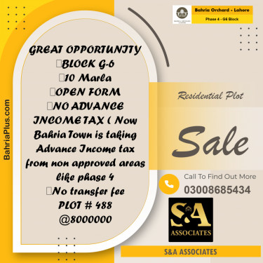 10 Marla Residential Plot for Sale in Phase 4 - G6 Block -  Bahria Orchard, Lahore - (BP-241589)