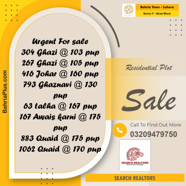 10 Marla Residential Plot for Sale in Sector F - Ghazi Block -  Bahria Town, Lahore - (BP-241616)