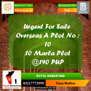 10 Marla Residential Plot for Sale in Overseas A -  Bahria Town, Lahore - (BP-241631)