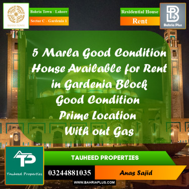 5 Marla Residential House for Rent in Sector C - Gardenia 1 -  Bahria Town, Lahore - (BP-241999)