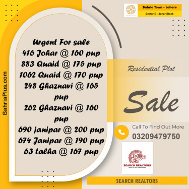 10 Marla Residential Plot for Sale in Sector E - Johar Block -  Bahria Town, Lahore - (BP-242086)