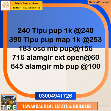 1 Kanal Residential Plot for Sale in Sector F - Tipu Sultan Block -  Bahria Town, Lahore - (BP-242168)