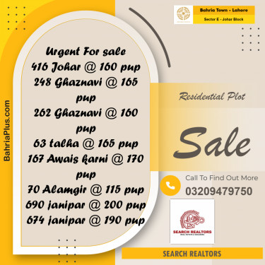 10 Marla Residential Plot for Sale in Sector E - Johar Block -  Bahria Town, Lahore - (BP-242625)
