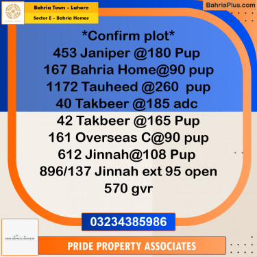6 Marla Residential Plot for Sale in Sector E - Bahria Homes -  Bahria Town, Lahore - (BP-242979)